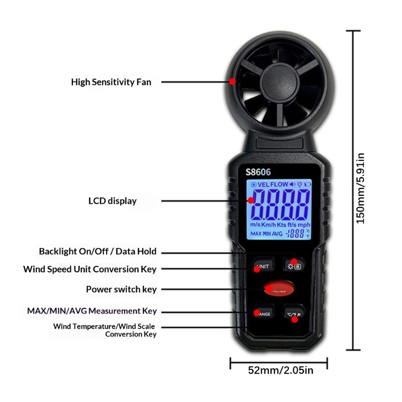 Wide Ranges Wind Tester Digital Anemometer ABS for Various Environment