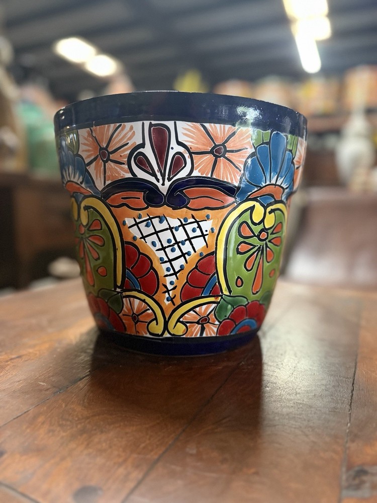 Ceramic Round Planter Mexican Talavera Pot Multicolor Abstract Pattern 11" x 10"
