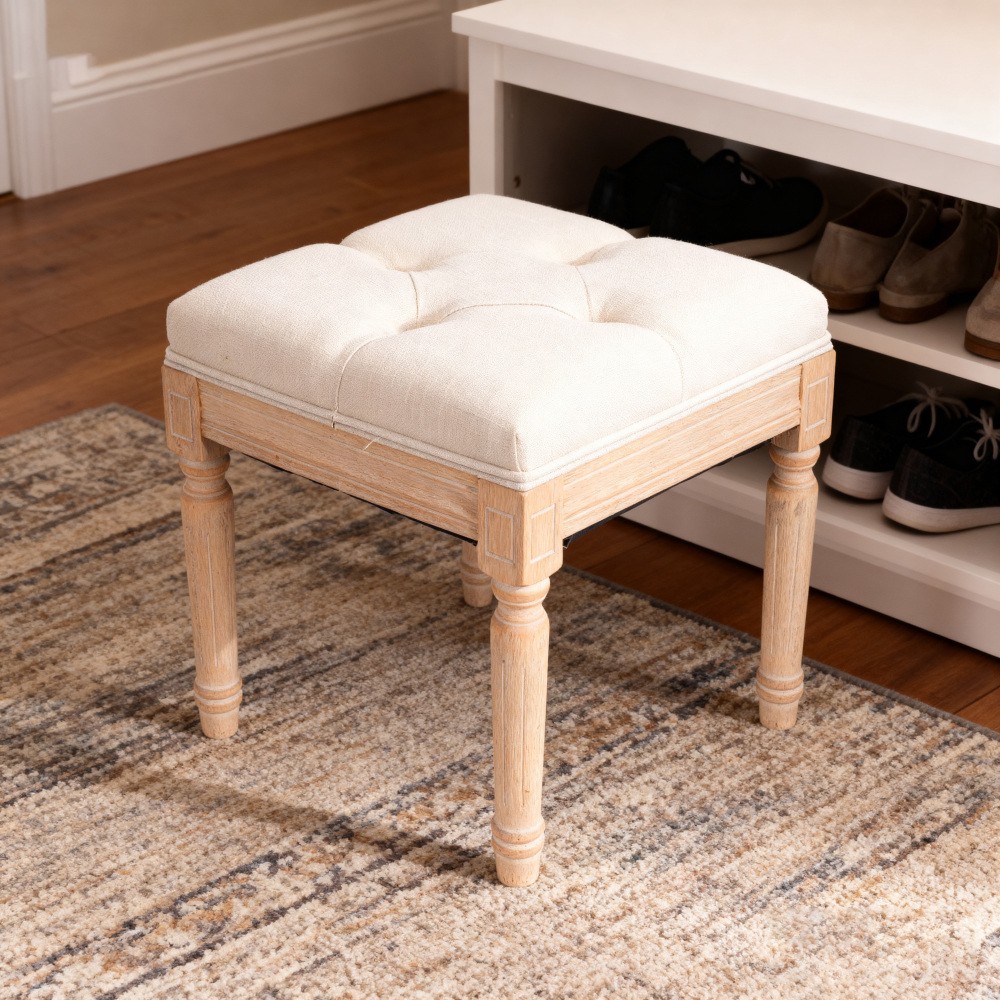 Beige Small Padded Bench Solid Wood Rattan Upholstered Vanity Stool