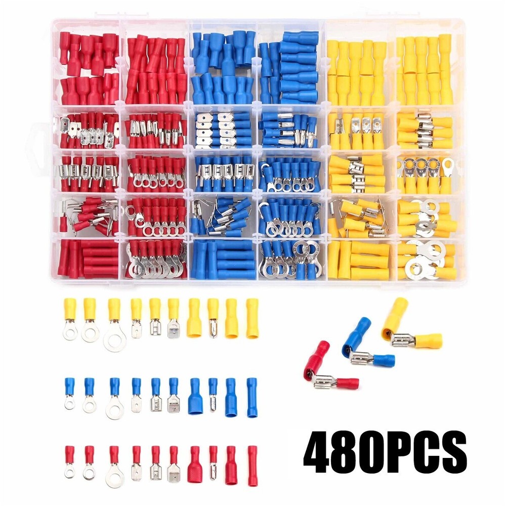 480pcs Electrical Wire Connector Assorted Insulated Crimp Terminal Spade Set Kit