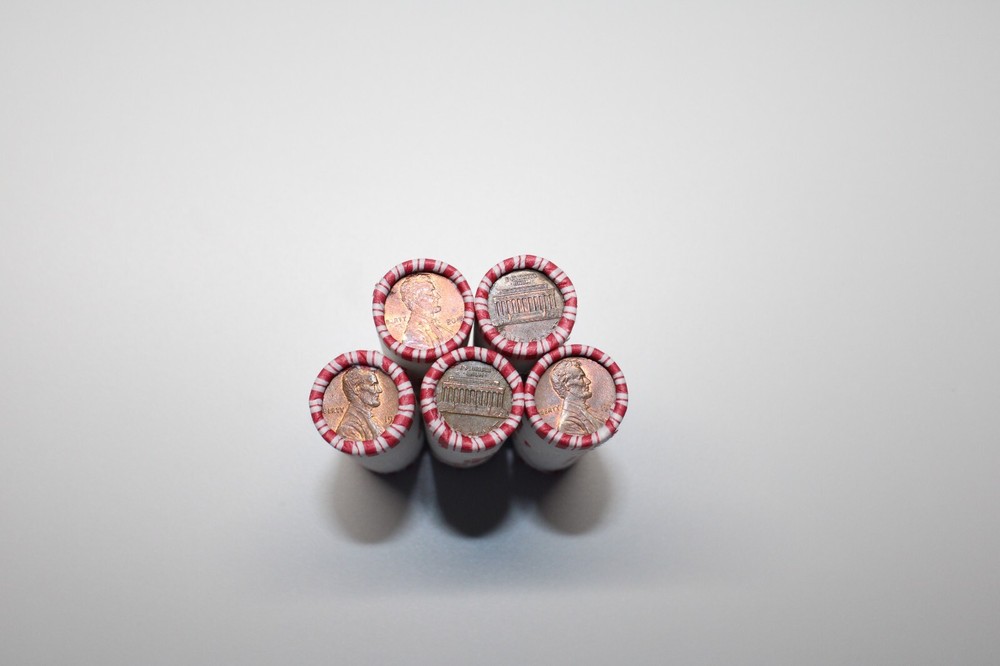 5 Rolls Lincoln Cent Rolls,Circulated,Unsearched