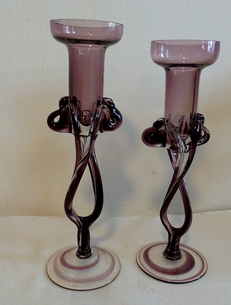 TWO MODEREST AMETHYST ART GLASS CANDLESTICKS SWIRL PATTERN WITH TWISTED DESIGN