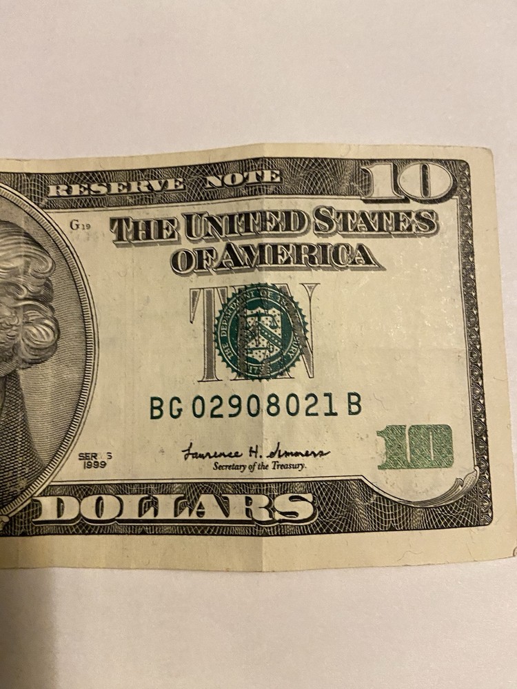 $10 Dollar Bill 1999 ink Error and Misalignment Error