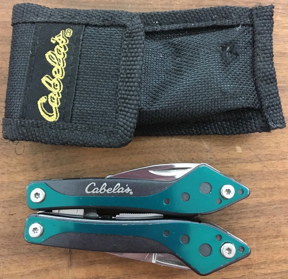 Cabela's multi tool in hunter green with sheath for camp, hunt, survival, crafts