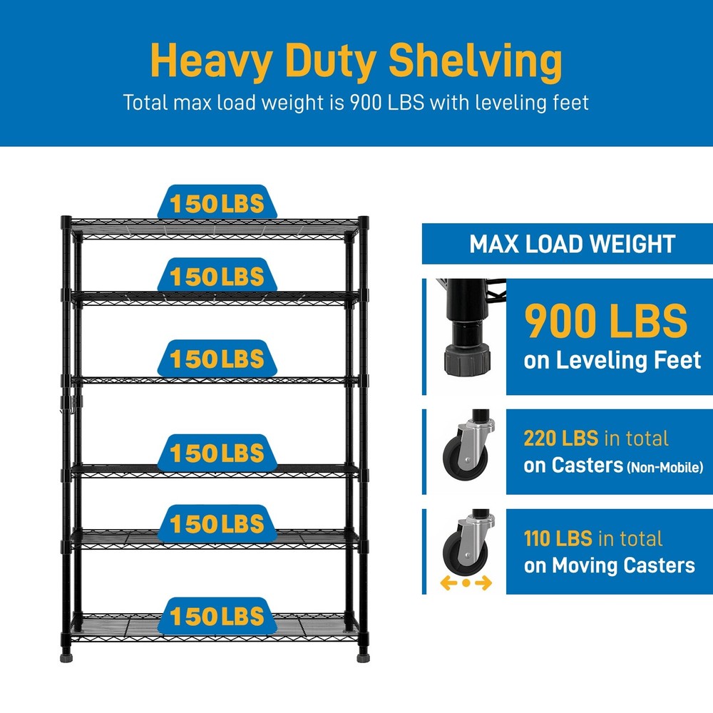 6-Tier Rolling Wire Shelving Unit - Heavy Duty, Adjustable, Hooks & Black