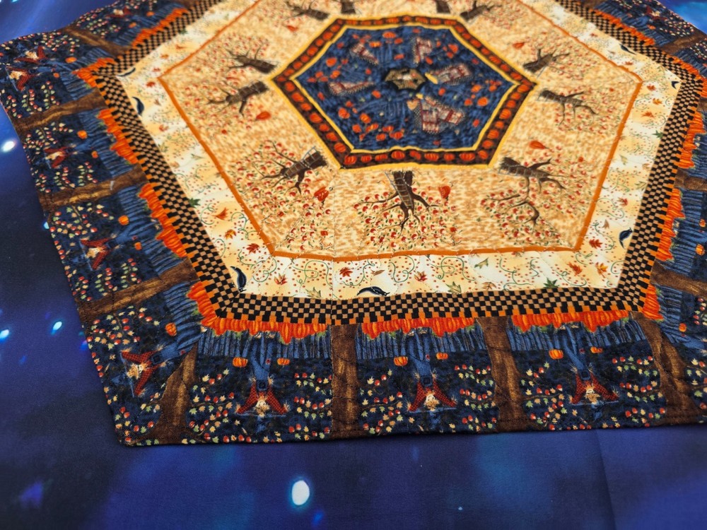 Handmade Quilted table topper Fall Halloween Thanksgiving pumpkins trees