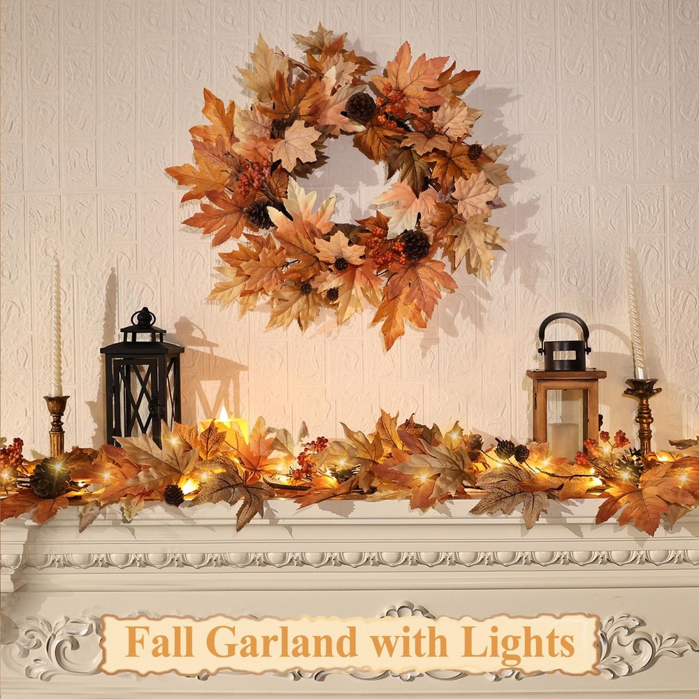 6 FT Fall Garland with Lights Timer Function Fall Leaves Garland with Berries...