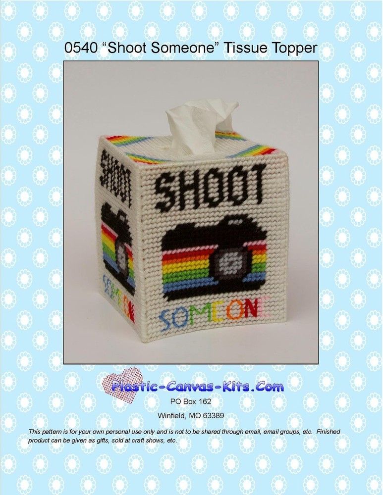 Shoot Someone-Photoography-Camera-Tissue Topper- Plastic Canvas Pattern or Kit