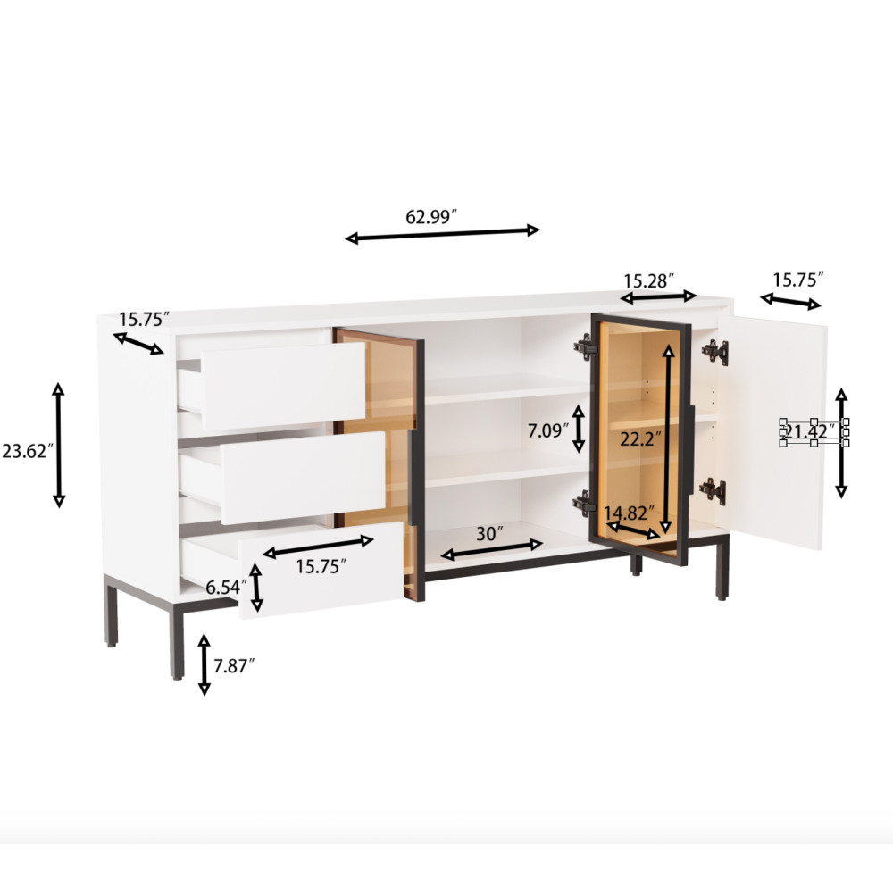 White Buffet Cabinet - Storage, Doors + 3 Drawers, Pantry/Console for Kitchen