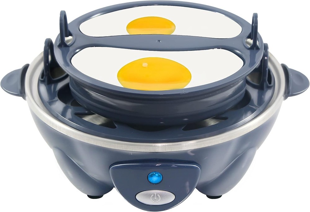 Versatile Slate Blue Egg Cooker: Boils, Poaches & Scrambles 7 Eggs Effortlessly