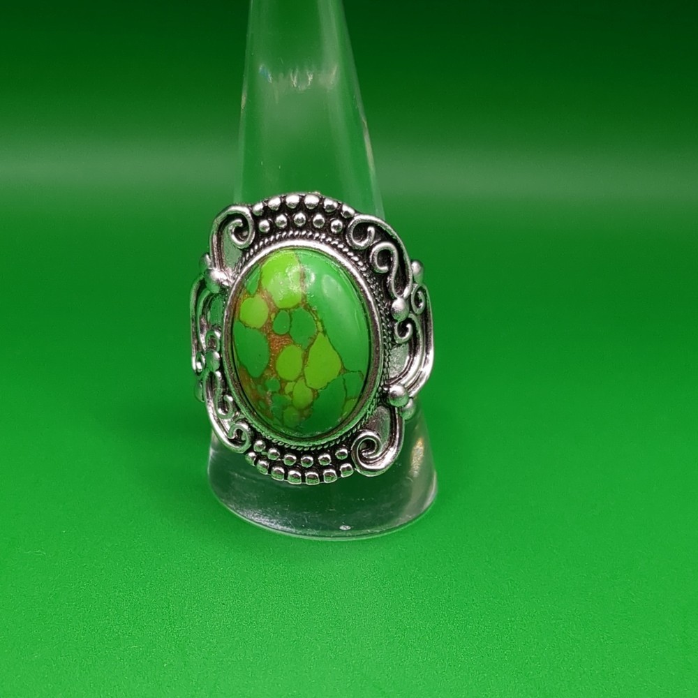 Green Oval Statement Ring Bezel Setting Silver Tone Ethnic Style