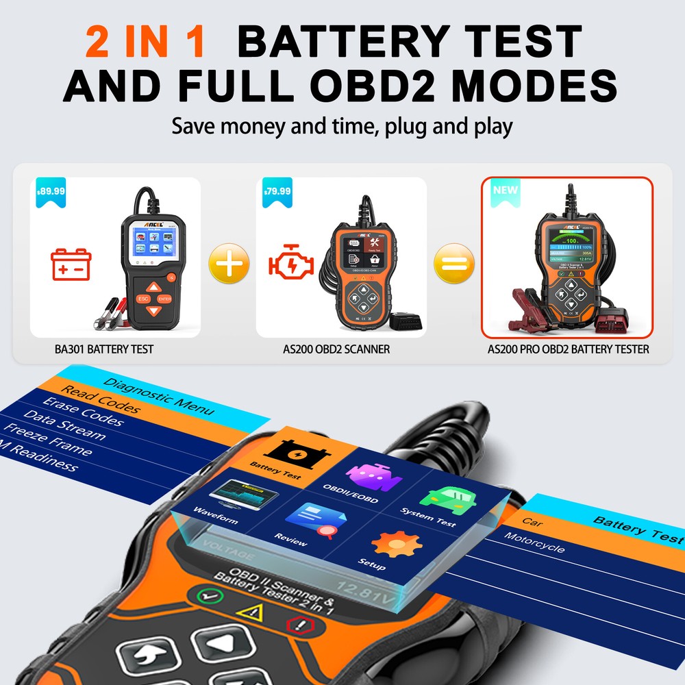ANCEL AS200 Pro 2 In 1 OBD2 Scanner & Battery Test Diagnostic Tool Check Engine