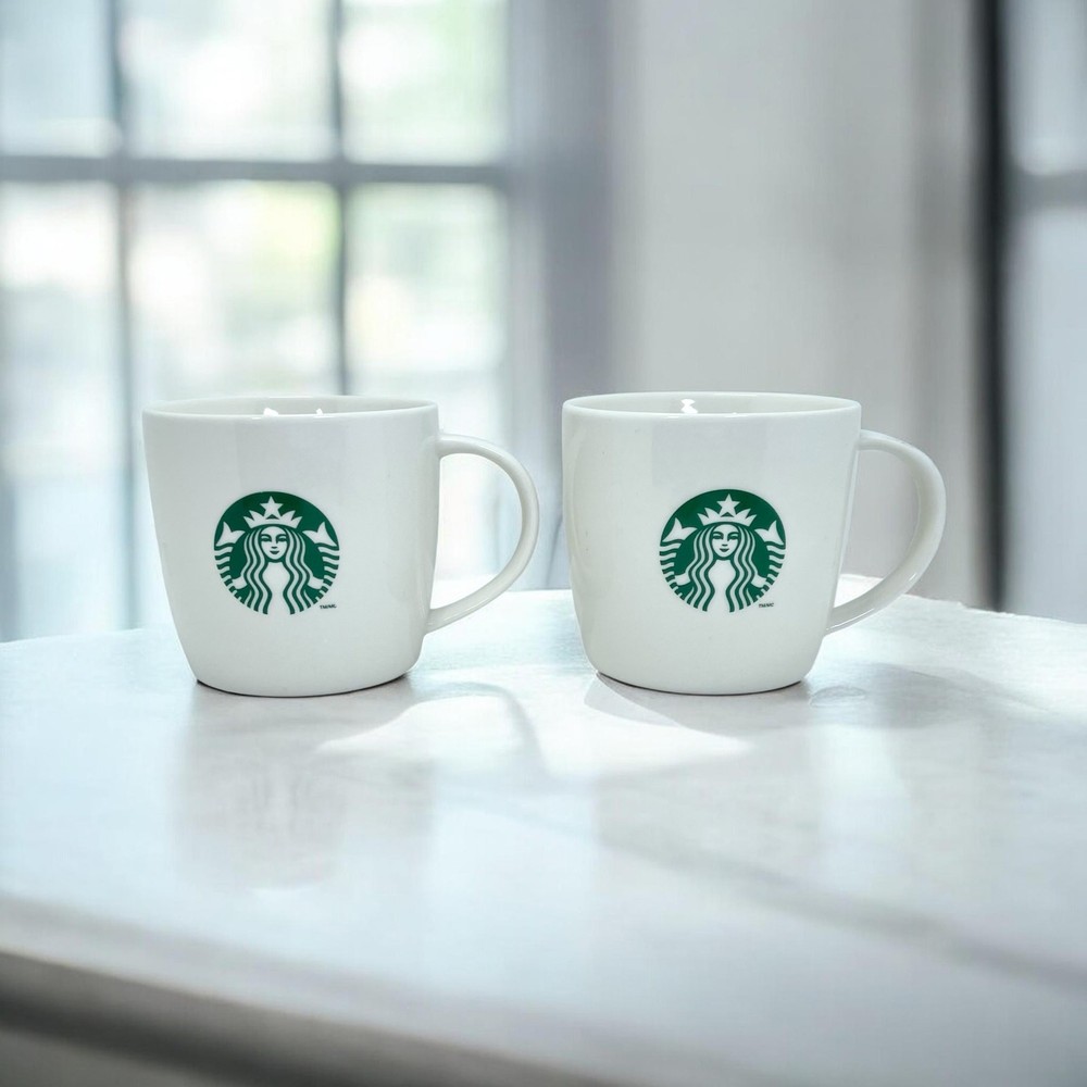 Starbucks 2013 Classic Basic White Ceramic Green Mermaid Coffee Mug Cup SET 12oz