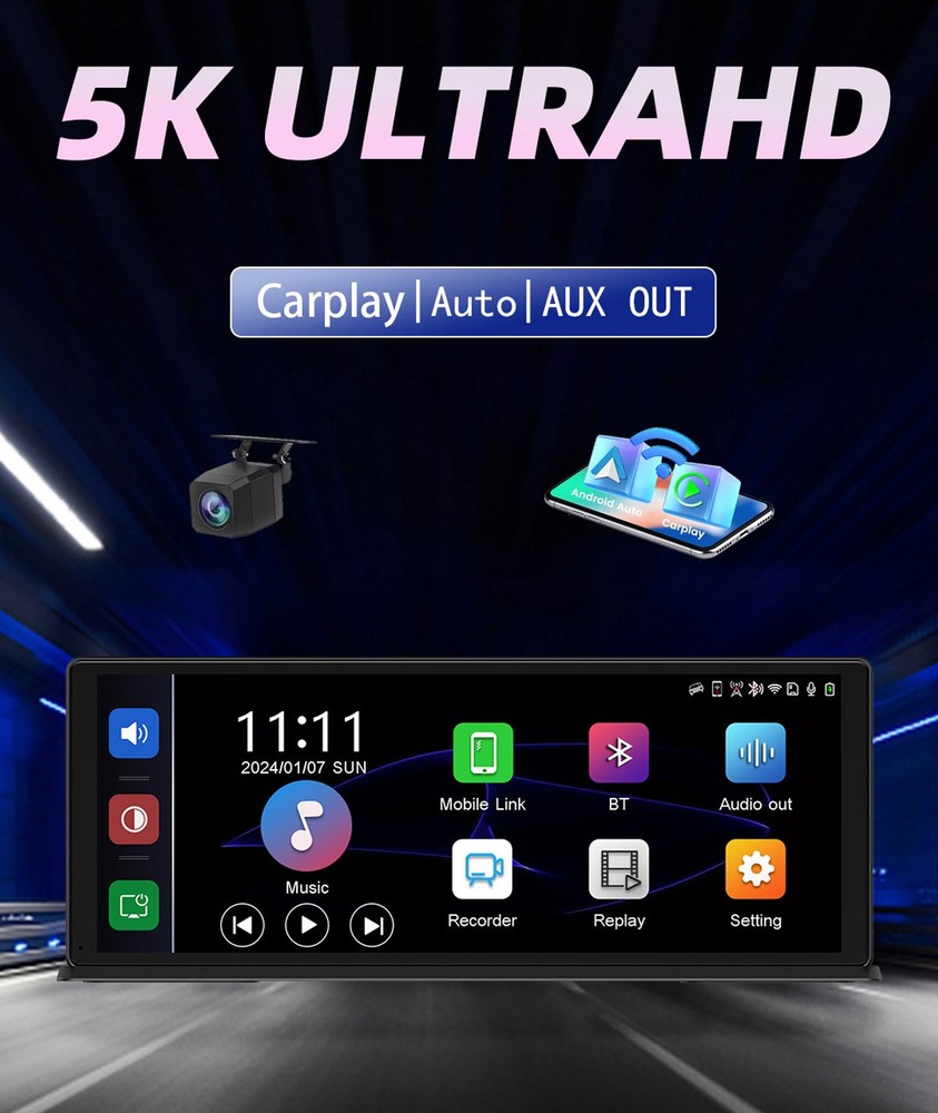 5K Dash Cam GPS Navigator Dashboard DVR Camera Carplay Android Auto Mirror Link