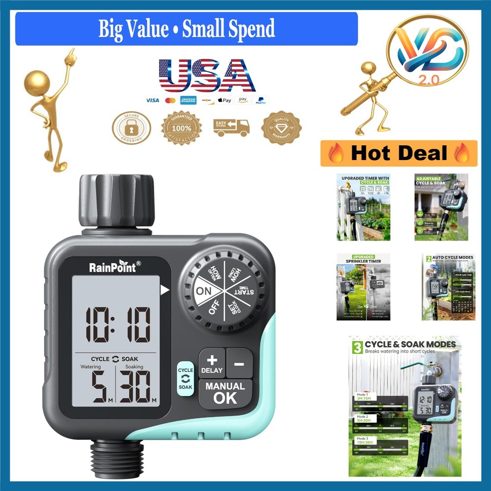 Programmable Garden Hose Sprinkler Timer with Cycle & Soak, Rain Delay