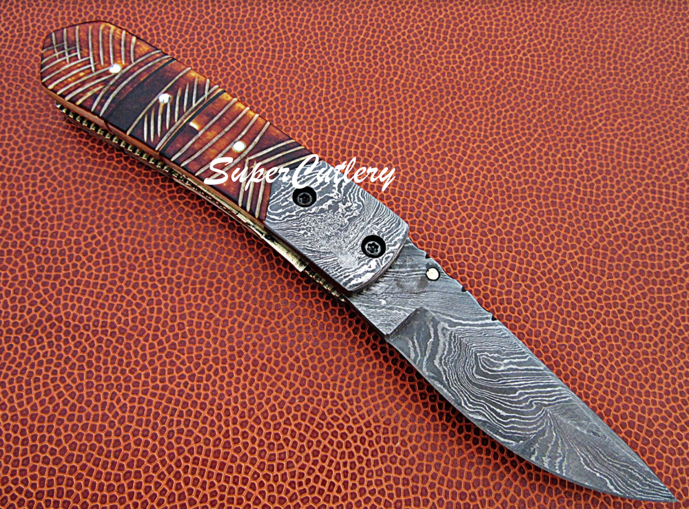 HAND CRAFTED DAMASCUS FOLDING KNIFE- ENGRAVED HAND FLAMED BONE HANDLE