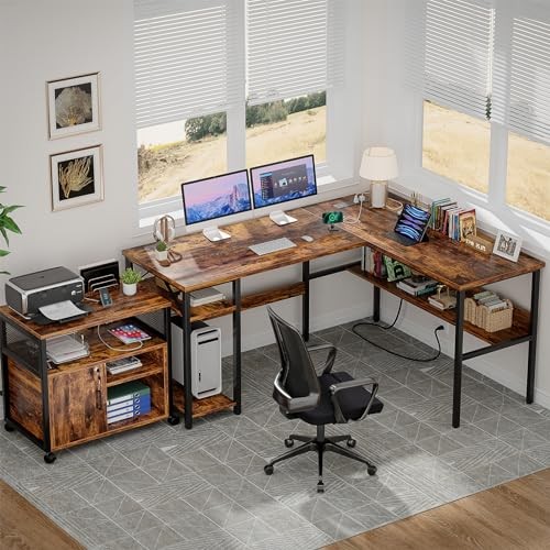 L Shaped Computer with Magic Power Outlets and USB Charging Desk Rustic Brown