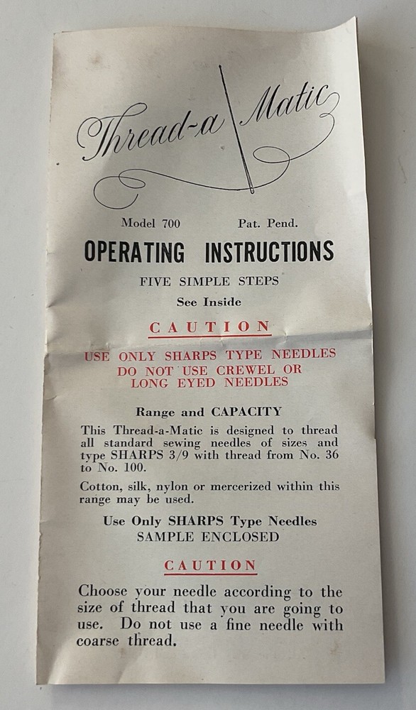 Vintage Thread-a-Matic Model 700 Needle Threader w/ Box & Directions