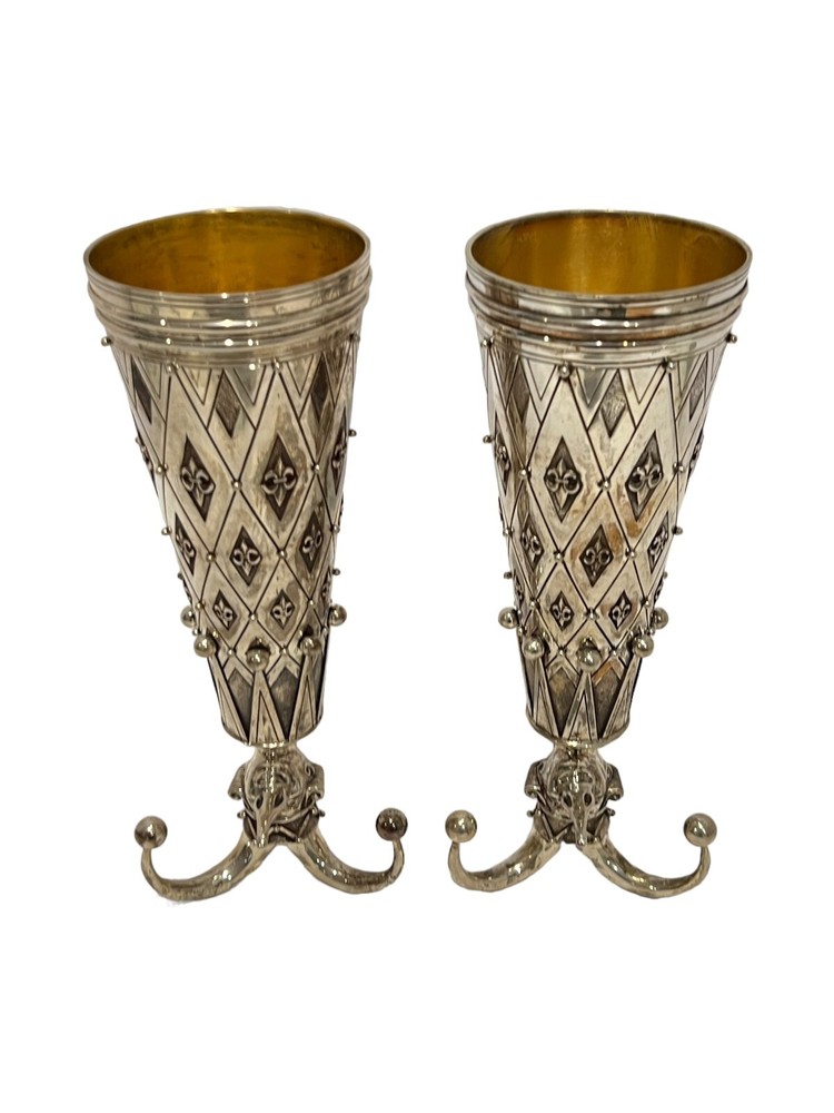 Mihail Chemiakin Pair Large Harlequin Sterling Silver Wine Goblets