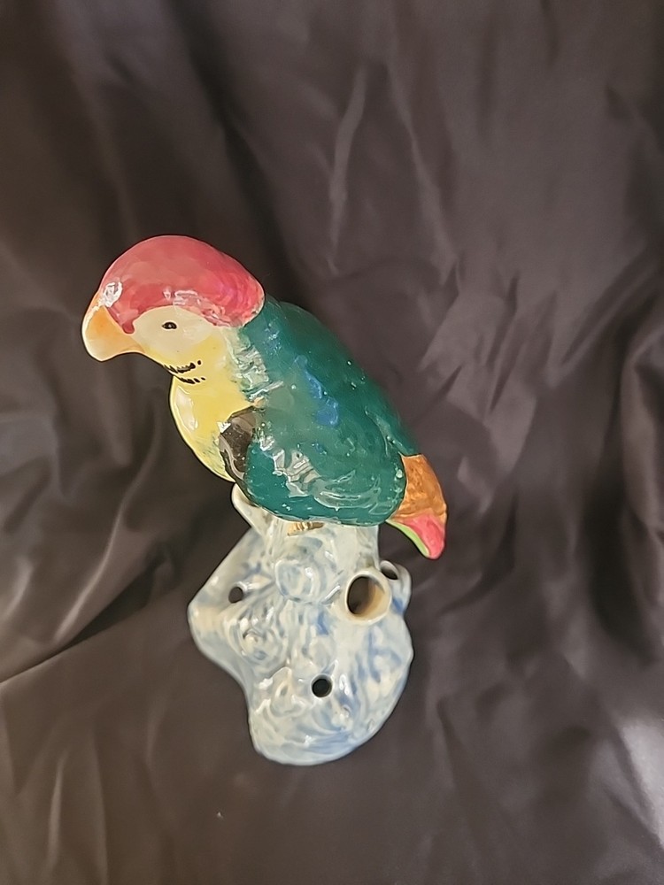 Ceramic Parrot, Flower Frog on a tree stump