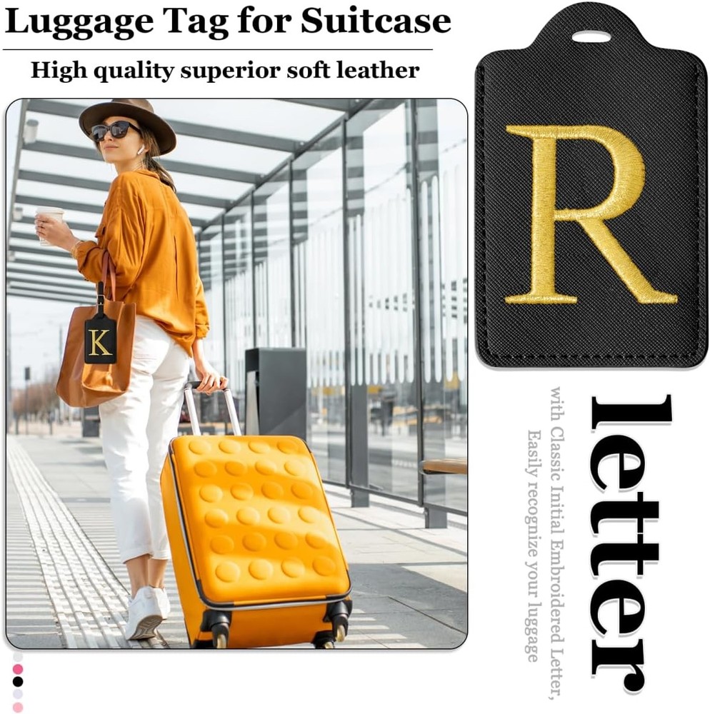 Personalized Initial Luggage Tags for Suitcases,Leather letter-R, Black