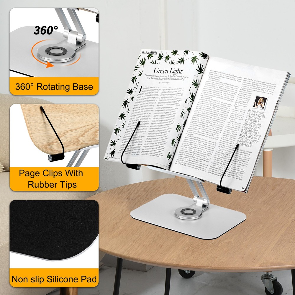 Book Stand for Reading Adjustable Book Holder with 360°Swivel Base Brown