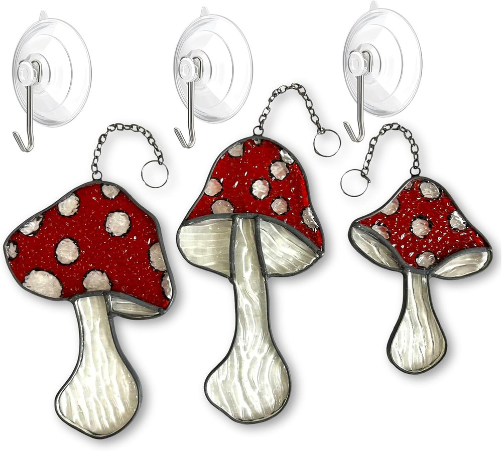Mushroom Stained Glass Suncatcher Set – 3 Fly Agaric Hand-Painted Toadstool & Mo