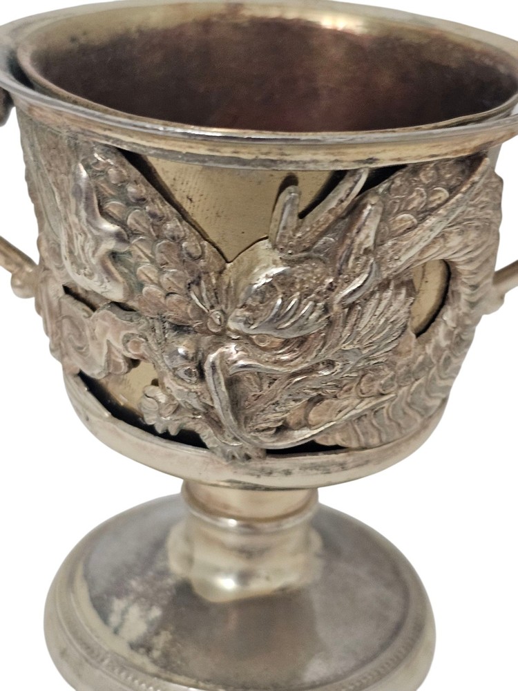 Double Handled Dragon Goblet Cup Small Chalice Silver Tone