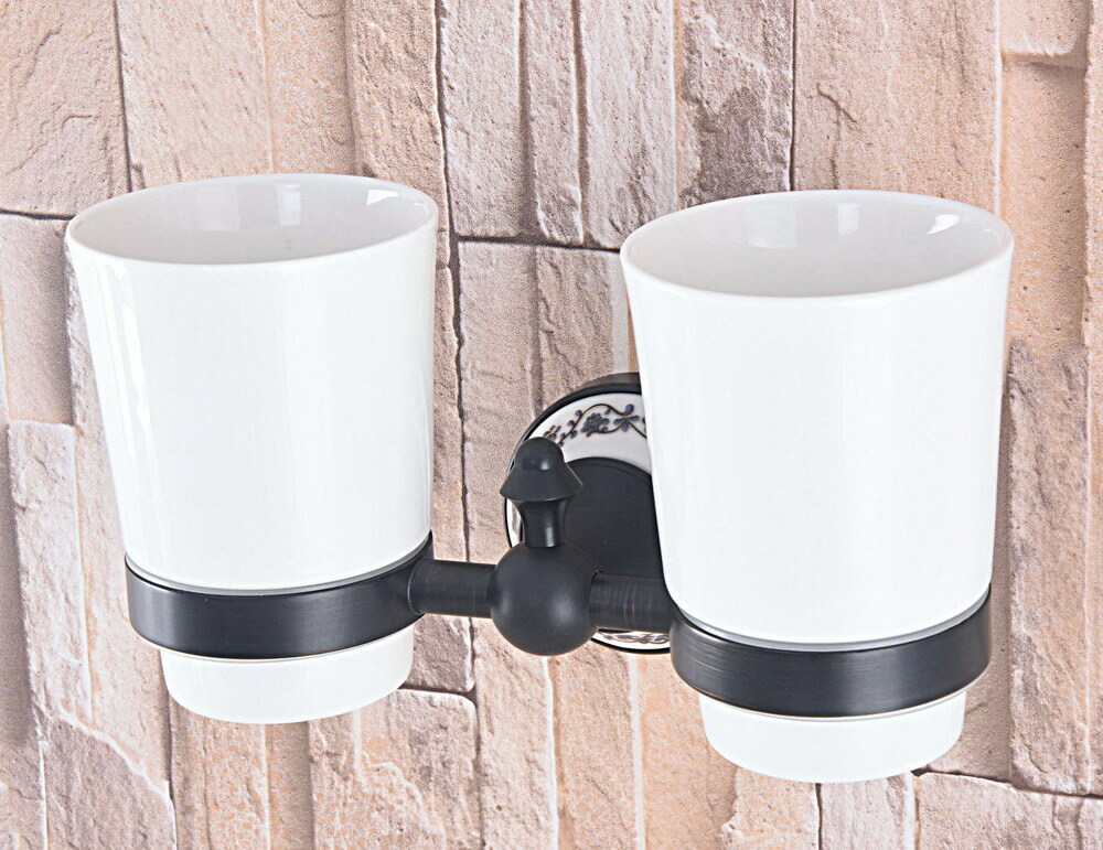 Black Oil Rubbed Brass Bathroom Toothbrush Holder with 2 Ceramic Cups 2ba767