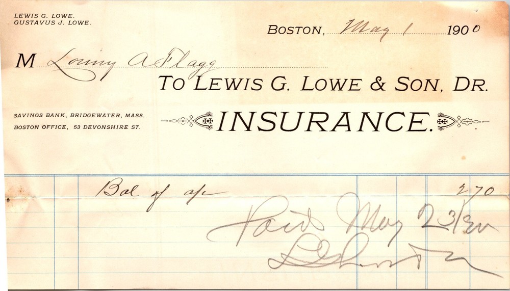 Lewis Lowe Boston MA 1900 Billhead Insurance