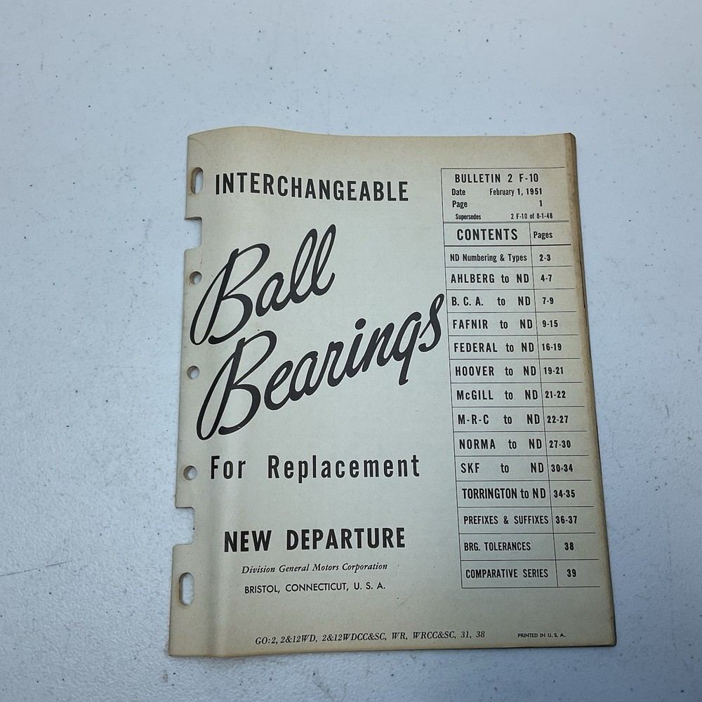 1951 New Departure Interchangeable Ball Bearings Replacement Reference Manual GM