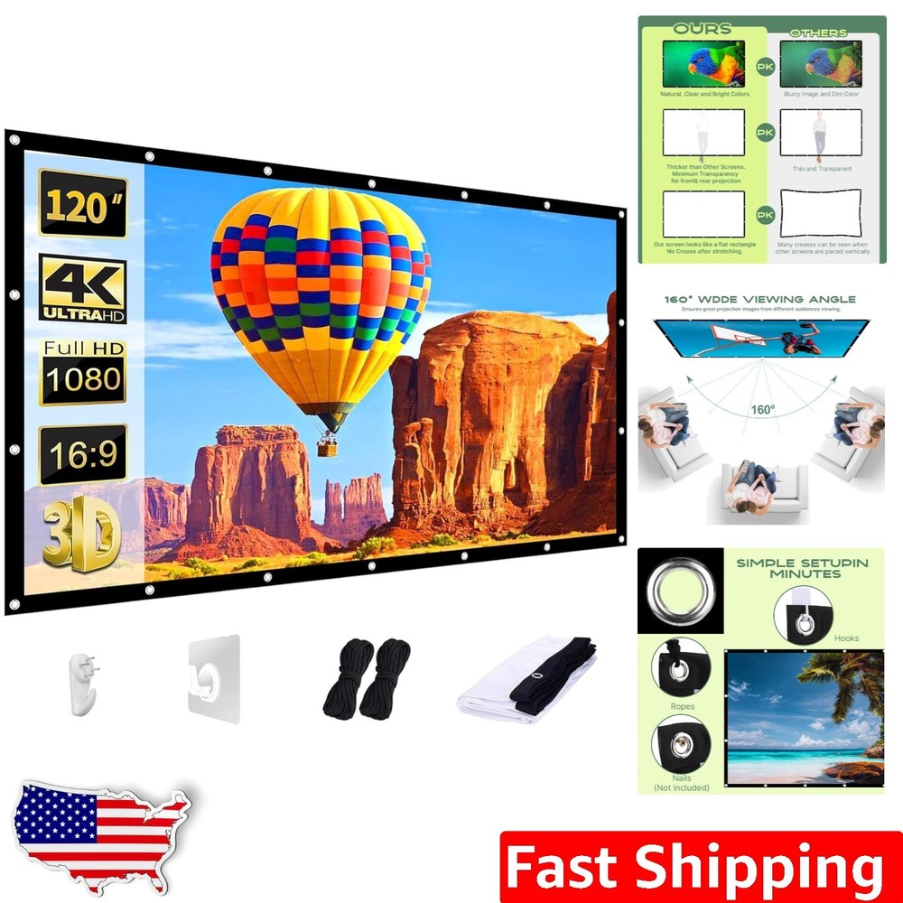 120 Inch Projector Screen | Thickened Washable Polyester | 16:9 Foldable HD C...
