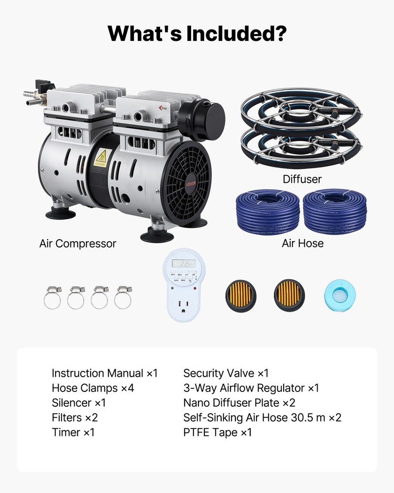 VEVOR 5.2CFM Aeration System for Ponds up to 3 Acre 3/4HP Compressor 2 Diffusers
