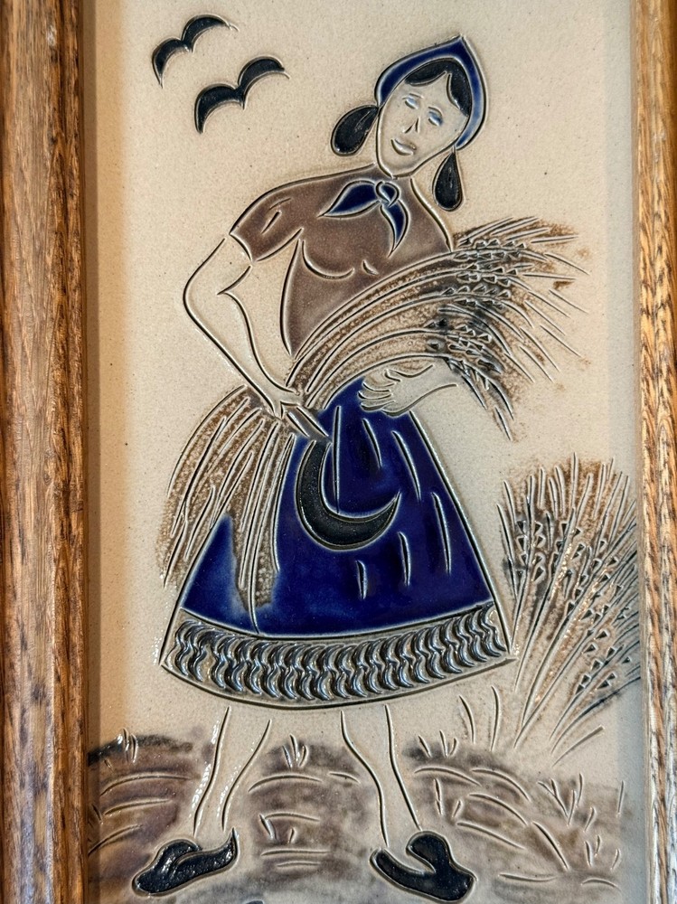 GERMANY 4 SEASONS FRAMED CERAMIC TILE 4PC SIGNED HAND CRAFTED ETCHED WALL ART