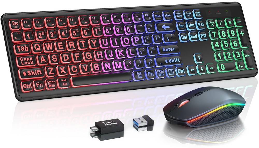 Wireless Keyboard and Mouse Combo - Large Print, RGB Backlit, Oversize Light ...