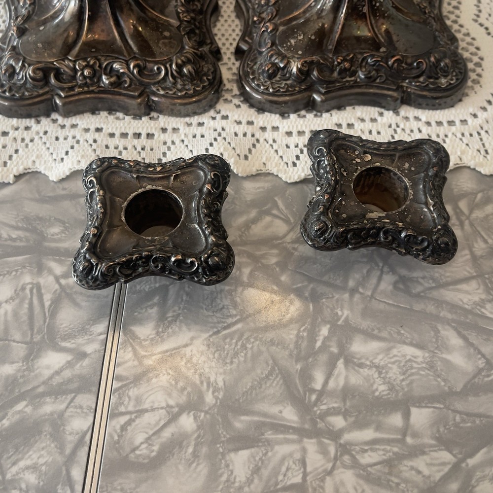 Baroque & Rococo Silverplate Candlesticks Pair with Removable Bobeches antique