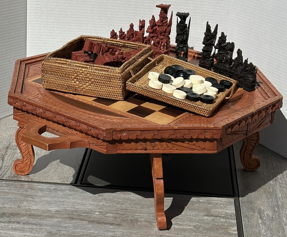 Bali Carved Wood Chess Decorative Case Board Backgammon Game Set