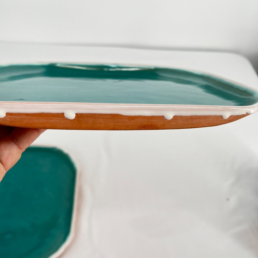 Vintage Turquoise Ceramic Dinnerware Set 6 Pieces Square Plates & Mugs