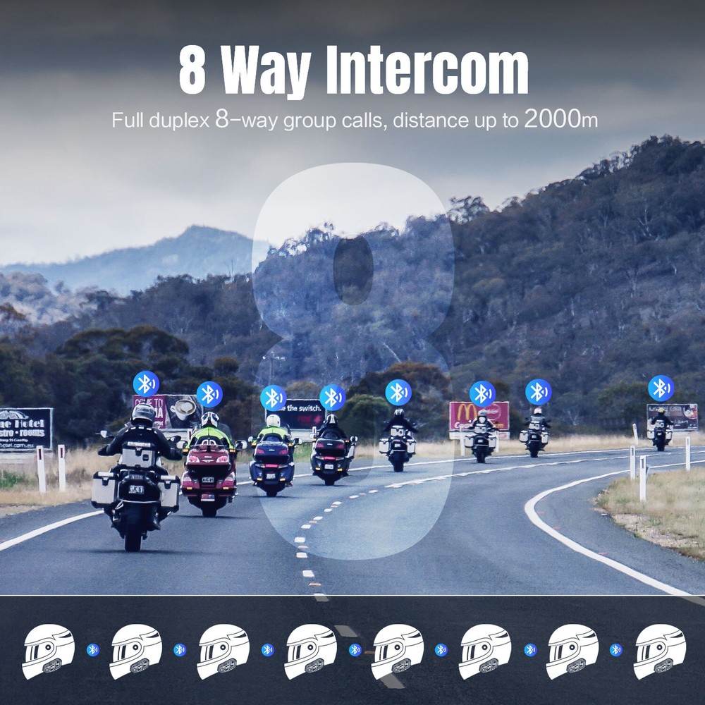 M1-S Pro 2000M Motorcycle Intercom Helmet Bluetooth Headset 8 Riders Interphone