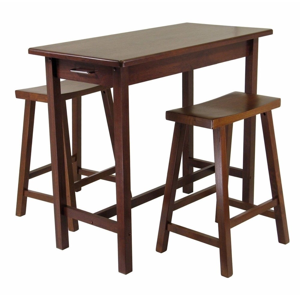 Walnut Wooden Breakfast Dining Set Bistro Table Saddle Stools Pub Bar Kitchen
