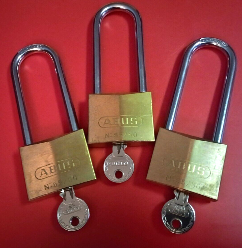 ((( 6 ))) ABUS 65/50 Solid Brass Padlock Hardened Long Shackle w/ 6 Keys LOT