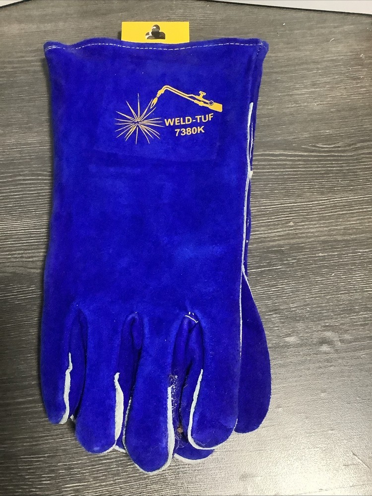 Weld-Tuf 7380K Work Gloves Premium Split Cowhide Leather Ranching Blue Large