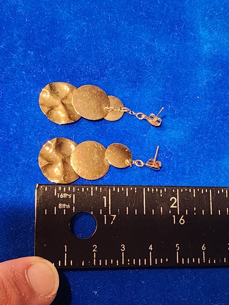 Solid 14K Yellow Gold Drop Dangle Hammered Circle Disc Earrings 1.85 Grams