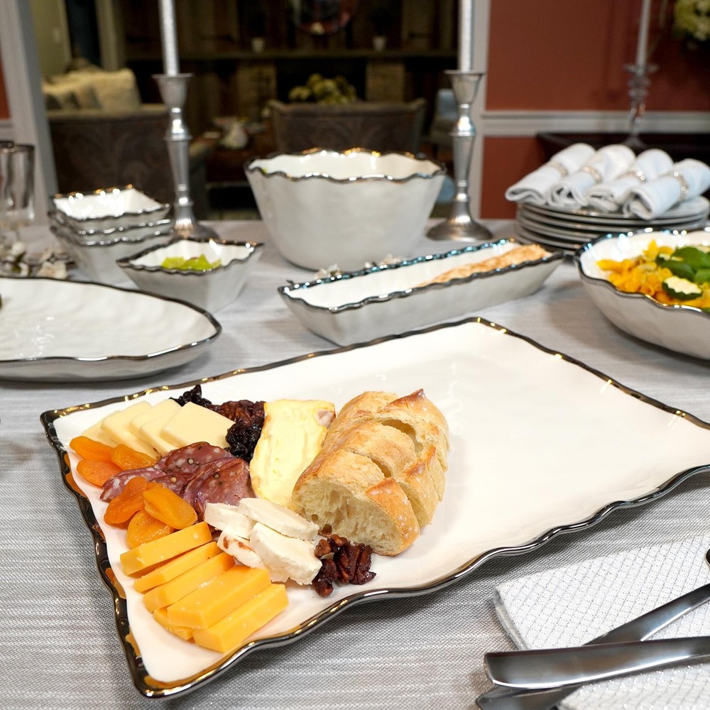 Regency Silver Porcelain Rectangular Platter Scalloped Edges Metallic