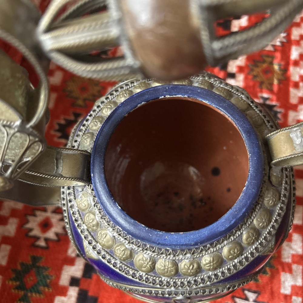 vintage Moroccan blue ceramic kettle with silver engraving