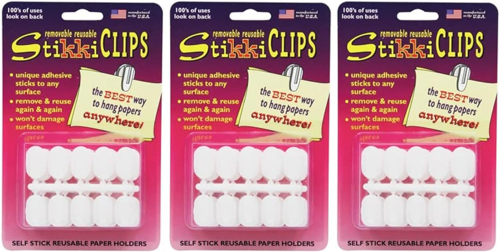 Stikkiclips Adhesive Clips, White, 30 per Pack, 3 Packs
