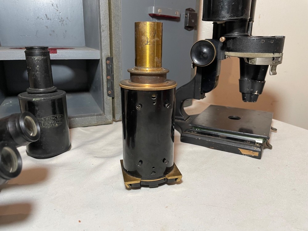 antique Carl Zeiss Spencer Buffalo binocular lab microscope brass attachments