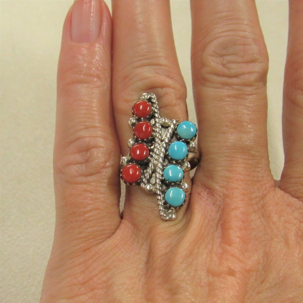 *Sterling Silver, Coral and Turquoise Ring by Zuni E. Wyaco