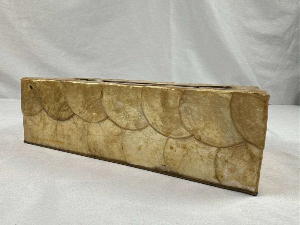 Vintage CAPIZ SHELL Brass Trim Rectangular Tissue Box Holder Cover BOHO 10"