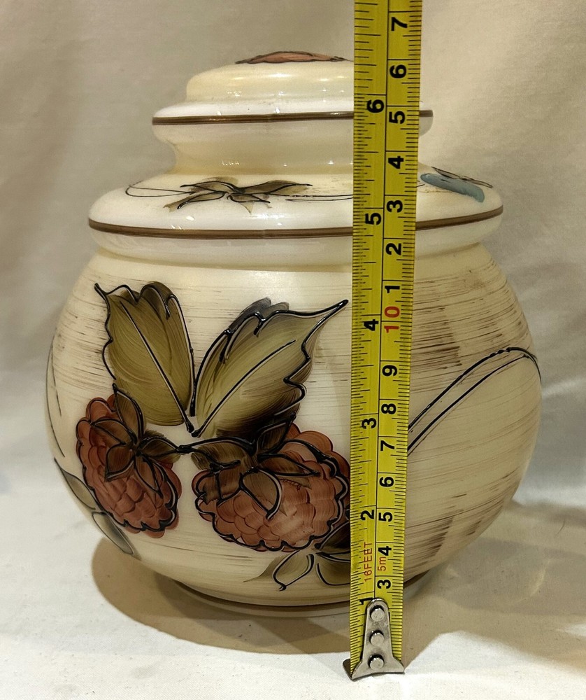 L G Wright Glass Jar Lidded Hand Painted Fruit 6.25" Vintage